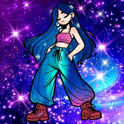 girl in baggy pants crop top and long hair