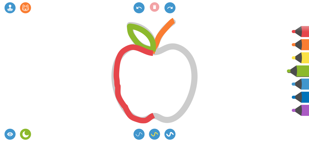 Drawing for Kids. Painting Pad - 子供向けお絵かきアプリのインターフェースで、さまざまなマーカーと描画ツールを使ってリンゴを描いているデジタルイラスト。