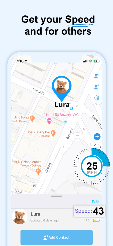 Interfaz de mapa que muestra la ubicación en tiempo real de un miembro de la familia y la velocidad de conducción para la monitorización de seguridad.