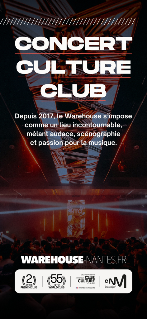 Warehouse - Warehouse Nantes club and concert venue interior featuring artistic ceiling lighting and a crowd