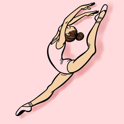 gymnast doing a leap in a leotard with a bent back leg