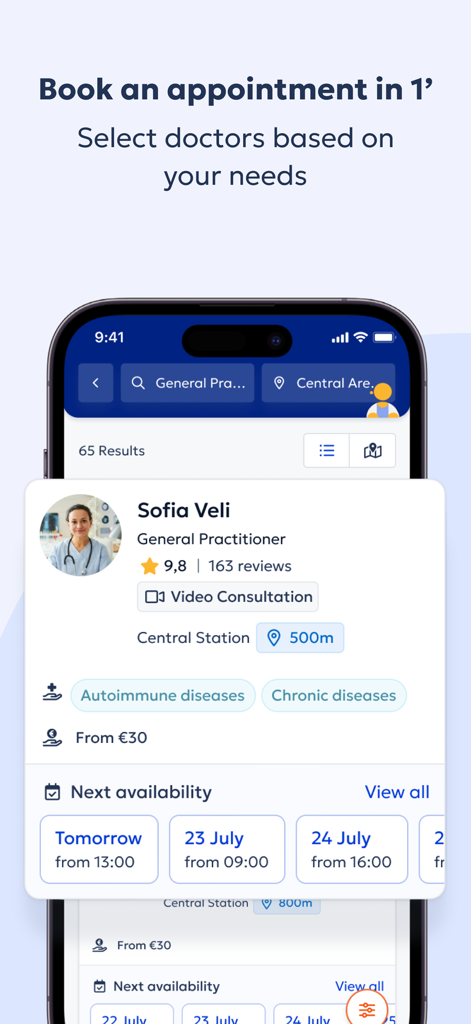 Doctoranytime - Mobile app screen showing a doctor profile with patient reviews and available appointment time slots for booking.