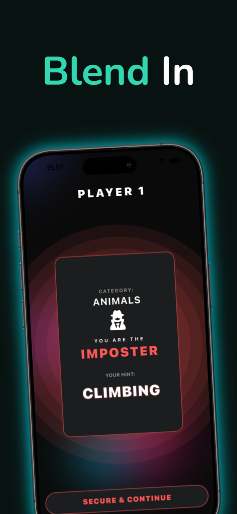 Imposter - Undercover Lie Game - A mobile screen showing a player assigned the Imposter role with the word Climbing as a hint in the Animals category.