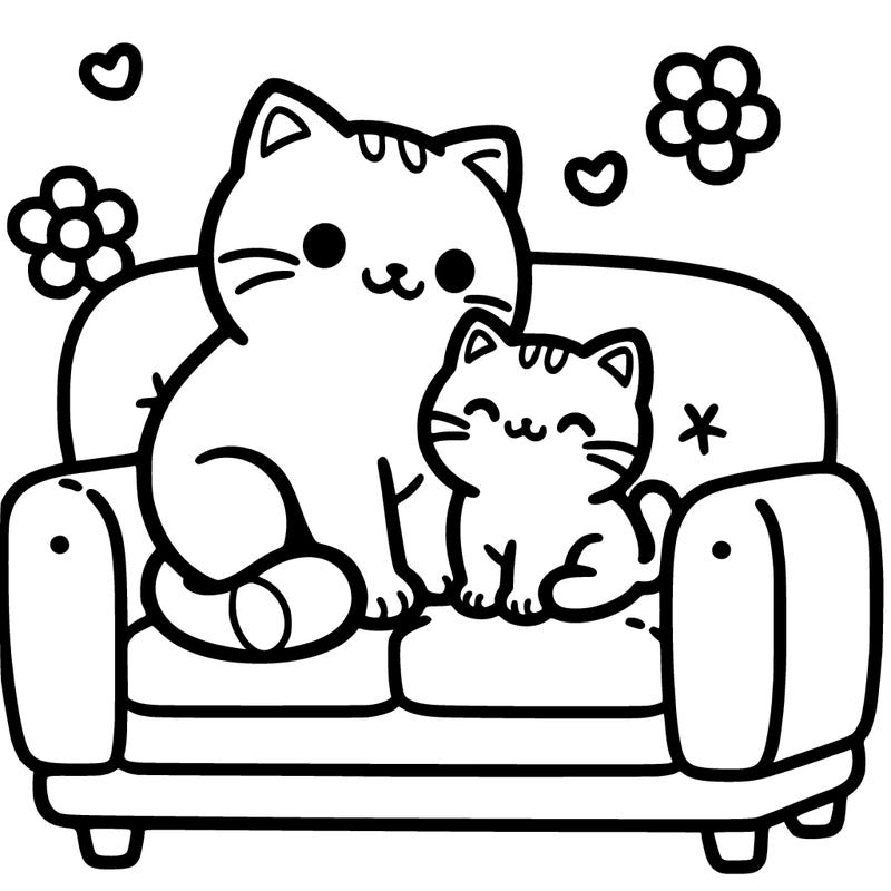 a mom cat and a kitten on a sofa