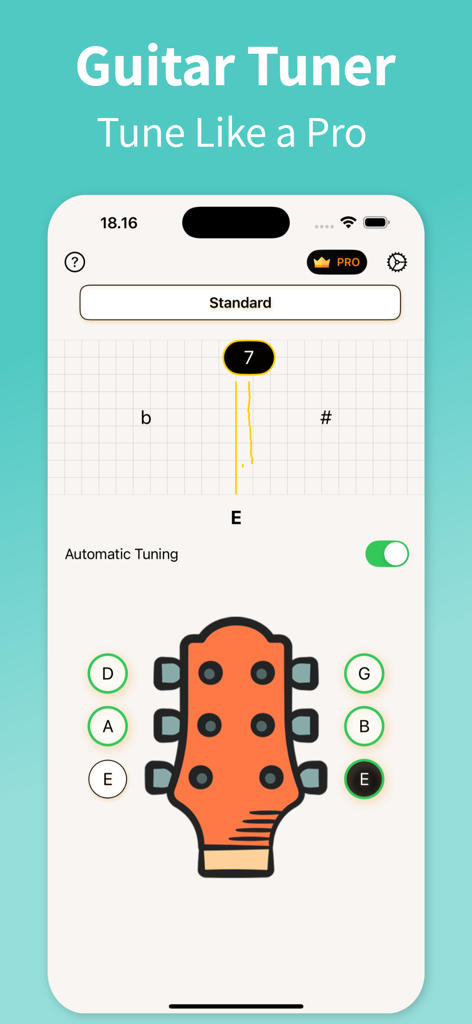 Guitar Tuner - TuneGuide - Interfaz de la aplicación Guitar Tuner TuneGuide que muestra la afinación automática con un clavijero de guitarra y un visualizador de tono.
