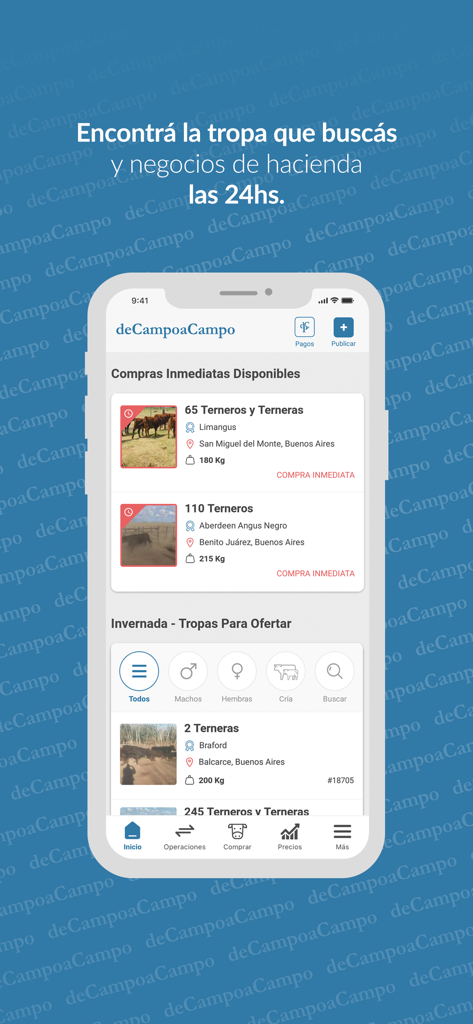 deCampoaCampo - Mobile Benutzeroberfläche der deCampoaCampo-App, die verschiedene zum Verkauf stehende Viehlose anzeigt, einschließlich Rasse, Gewicht und Standortdetails.