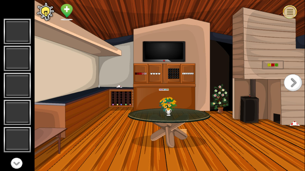 Vista interior de una cabaña de madera con una mesa y puzzles en un juego de escape.