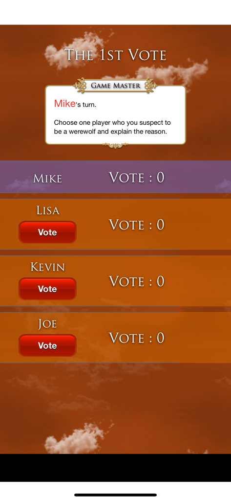 Werewolf Special Package - A voting interface in the Werewolf Special Package app showing player names and vote counts