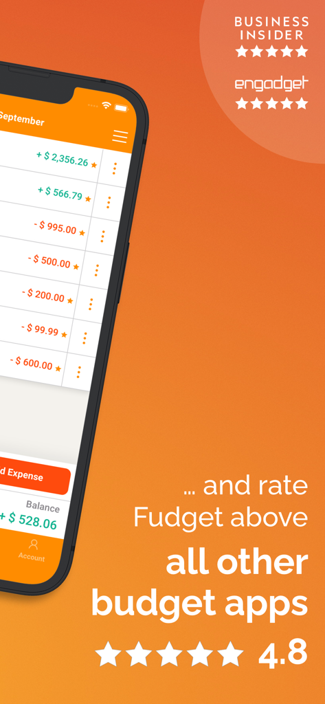 Fudget: Monthly Budget Planner - Screenshot of Fudget budget planner app showing expense tracking and high media ratings from Business Insider and Engadget