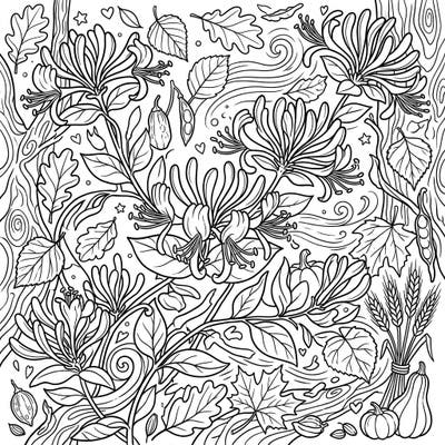Discover the enchanting blend of fragrant wild honeysuckle and the rich imagery of autumn in this beautifully detailed coloring page. Perfect for celebrating the cozy vibes of fall, it offers a delightful escape for colorists of all ages.