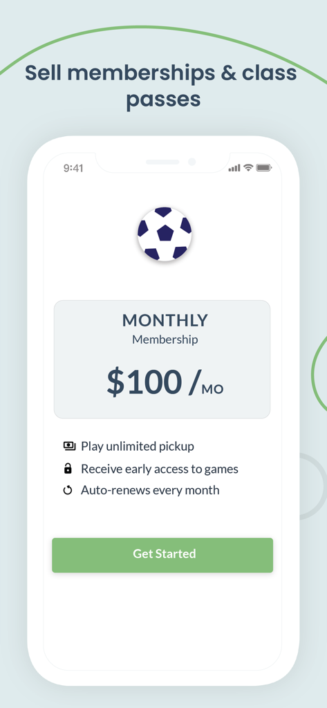 Interface of OpenSports app displaying a monthly membership plan for one hundred dollars