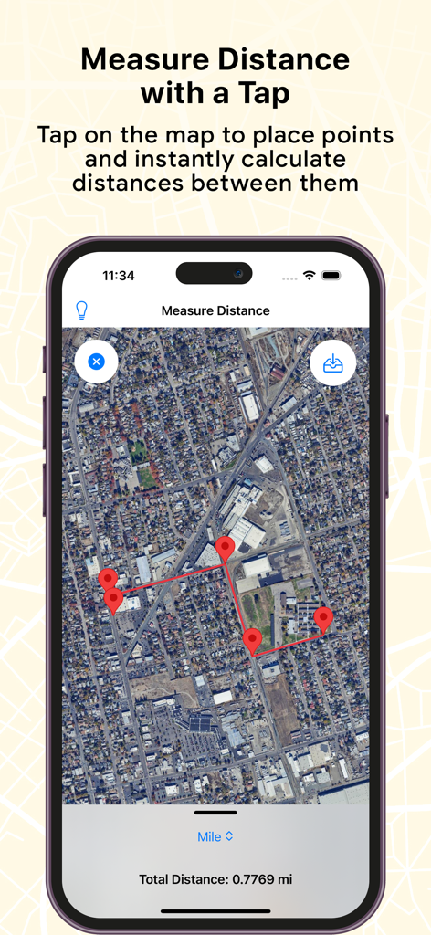 Field & Distance Calculator - Interface do iPhone mostrando o aplicativo Field and Distance Calculator medindo uma rota em um mapa de satélite em milhas.