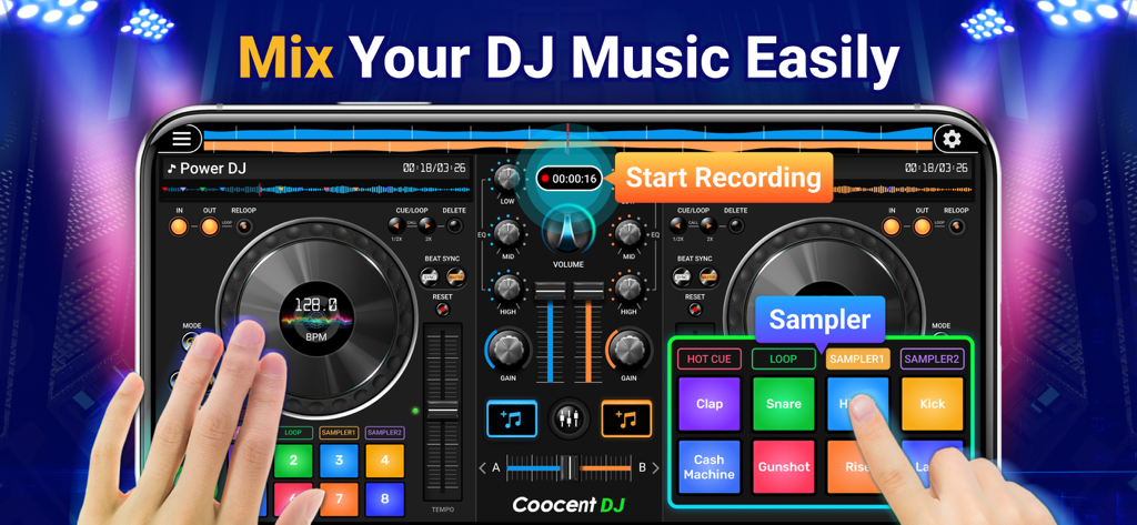 Interfaz de la aplicación DJ Mixer Studio mostrando tocadiscos virtuales y pad de samples con un aviso de grabación