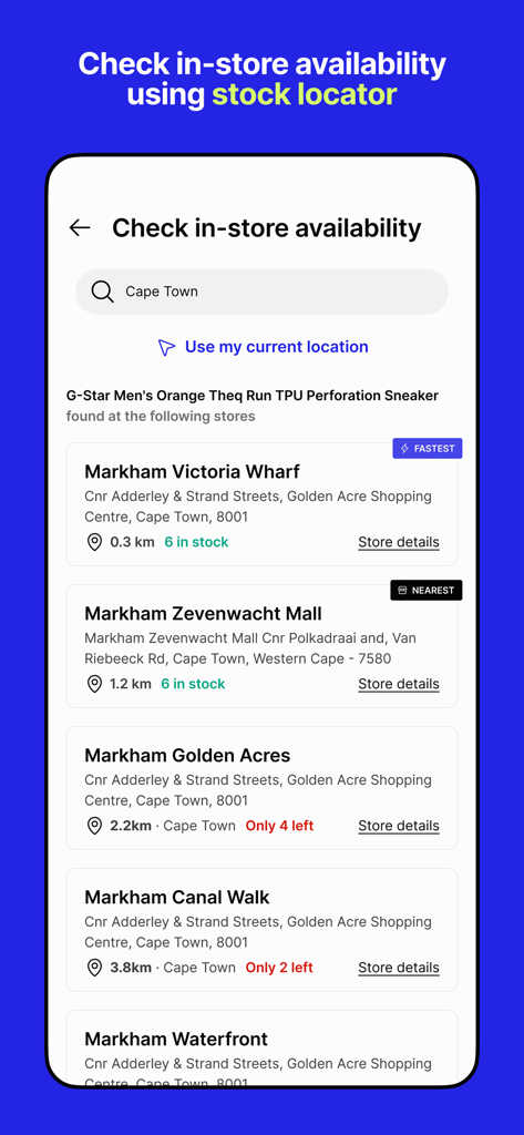 bash™ - Captura de tela do aplicativo Bash mostrando a disponibilidade de estoque em tempo real na loja para um produto específico.