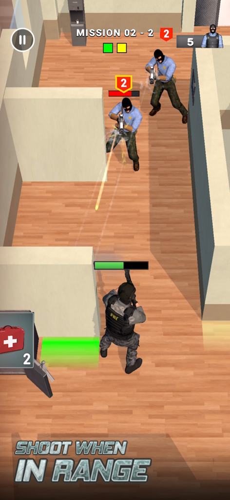 Rescue Agent: Shoot & Hunt - Jogabilidade de tiro tático de cima para baixo mostrando um agente da SWAT engajando inimigos em um prédio