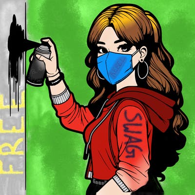 realistic girl with mask spray painting a wall