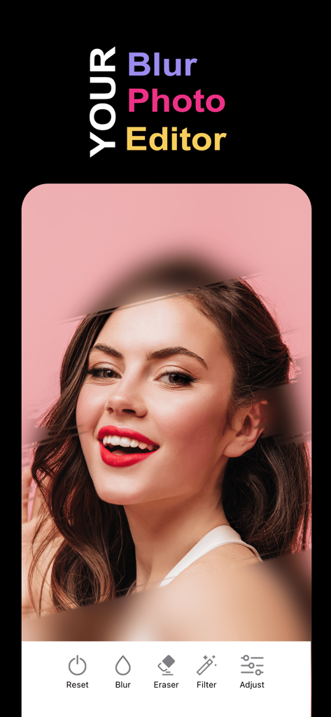 Blur Image -Blur Effect Editor - Oberfläche der Blur Image App, die ein Frauenporträt mit kreativen Weichzeichner-Strichen und Bearbeitungswerkzeugen zeigt