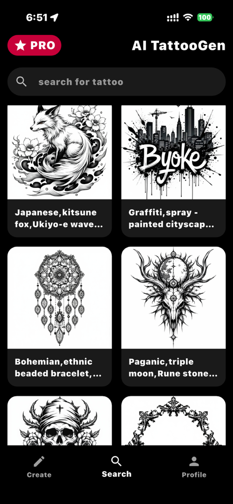 AI TattooGen - Ink Art - Interfaccia di ricerca dell'app AI TattooGen che mostra diversi design di tatuaggi tra cui kitune giapponesi e stili graffiti.