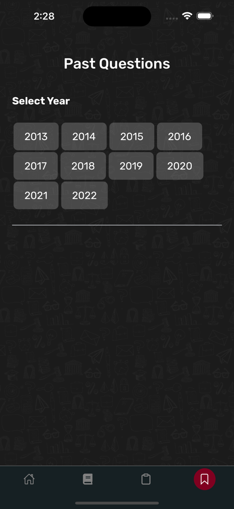 Law School Paddi - Pantalla de selección de preguntas anteriores de la Facultad de Derecho Nigeriana de los años 2013 a 2022.