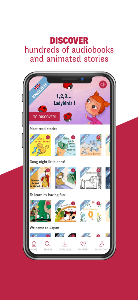 Écran d'application mobile affichant une collection d'histoires interactives pour enfants et de livres audio en anglais