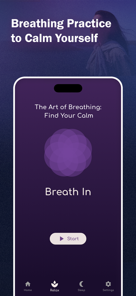 Meditation - Relax & Sleep - User interface of the Meditation app showing a guided breathing exercise for relaxation.