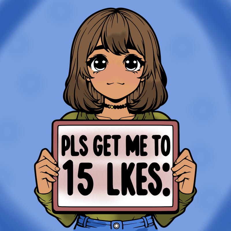 realistic girl holding up a sign that says “pls get me to 15 likes!”