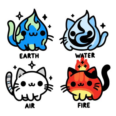 4 cats that represent the different elements, earth, water, air, and fire