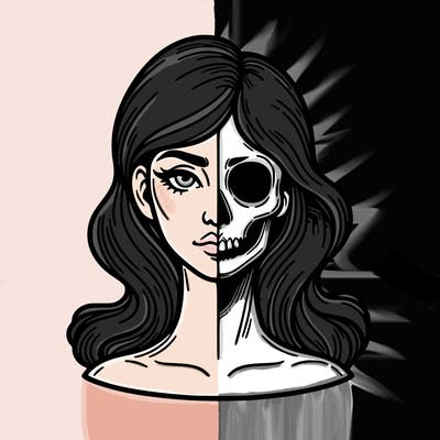 bust of a woman, half face and hair, half skull