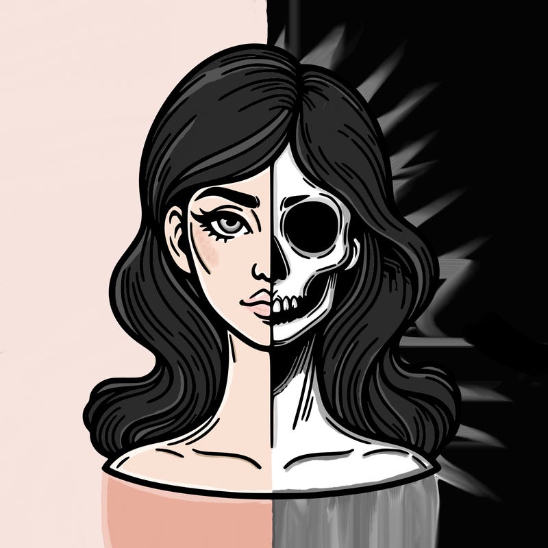 bust of a woman, half face and hair, half skull