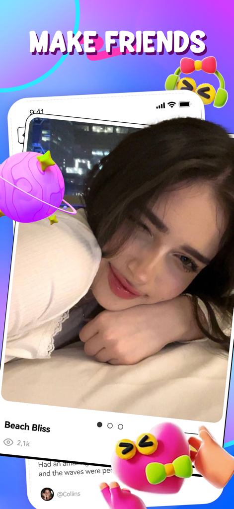 Smira - Night Chat with Friend - Smira app interface displaying a Make Friends headline and a user profile post titled Beach Bliss.