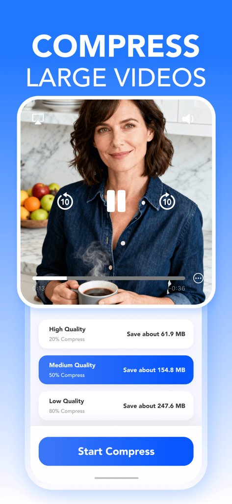 Clean Storage Pro: AI Cleaner - Interface of the Clean Storage Pro app showing options to compress large videos and save storage space.