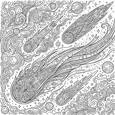 Dive into the cosmic wonders with this intricate coloring page featuring majestic interstellar comets. Designed for adults, it offers a relaxing and creatively stimulating journey through the stars.