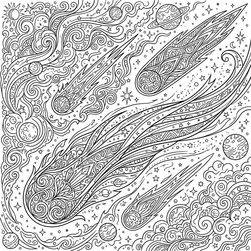 Dive into the cosmic wonders with this intricate coloring page featuring majestic interstellar comets. Designed for adults, it offers a relaxing and creatively stimulating journey through the stars.
