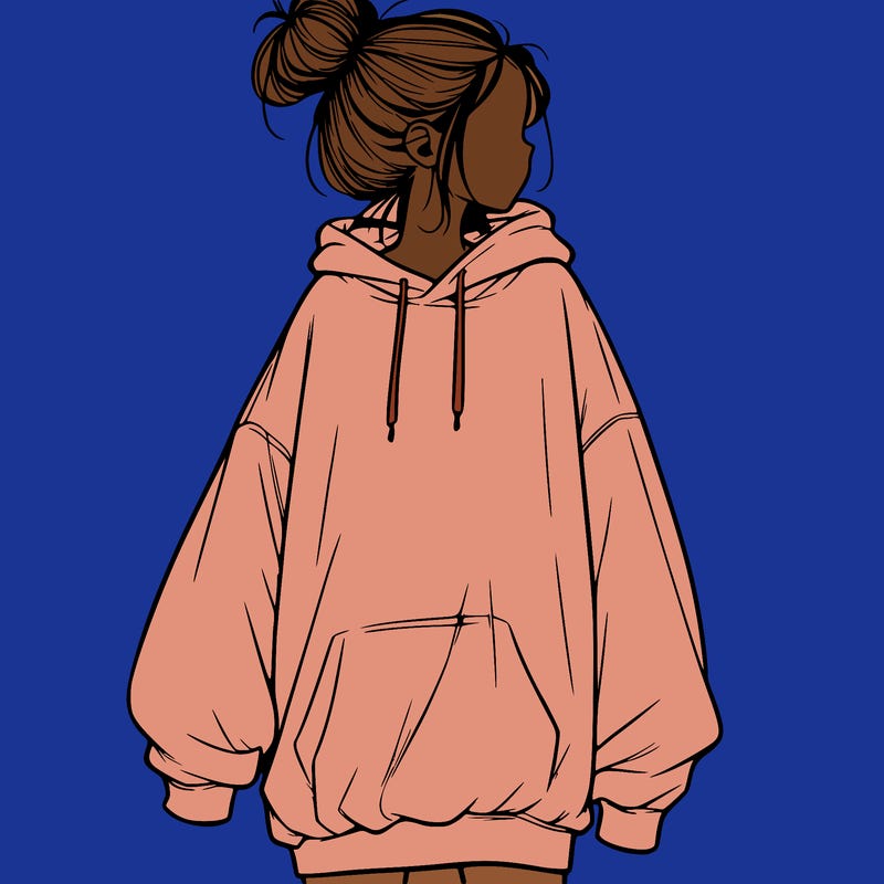 realistic girl with a oversized sweatshirt on and a bun