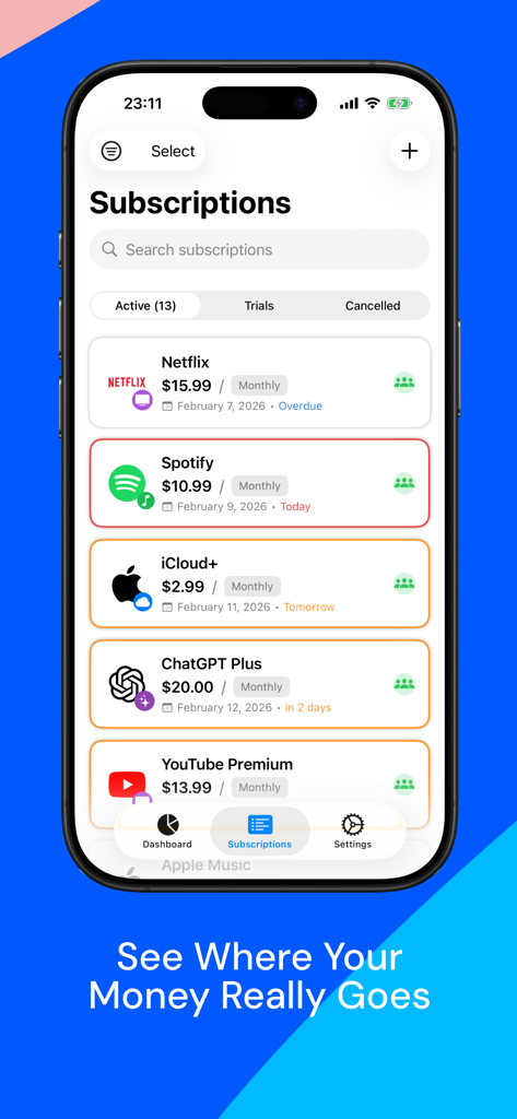 Track Subscription: ManageSubs - ManageSubs app interface displaying a list of active subscriptions and monthly costs on an iPhone