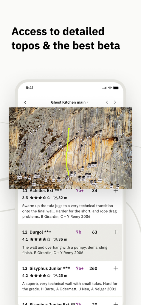 Vertical-Life Climbing - Vertical-Life Climbing app interface displaying detailed rock climbing topos and route descriptions.