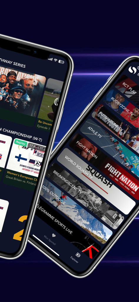 Two smartphones displaying the Sportall app interface with various specialized sports streaming channels