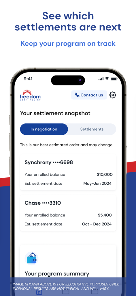 Freedom Debt Relief app screen showing a settlement snapshot with a list of debts currently in negotiation