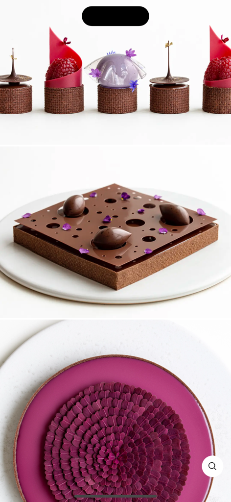High quality images of artistic and minimalist gourmet dessert creations from the Maja Vase recipe app