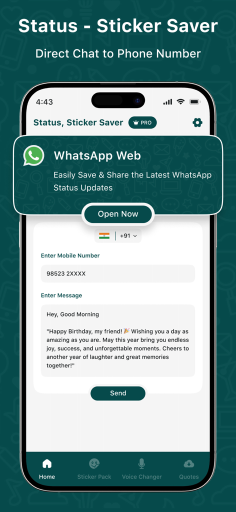 Status - Sticker Saver - Interface of the Status Sticker Saver app showing the direct chat feature to send messages to phone numbers.