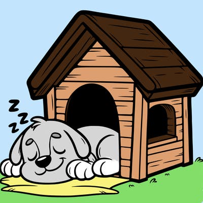dog sleeping in his doghouse