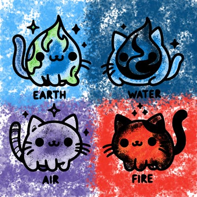 4 cats that represent the different elements, earth, water, air, and fire