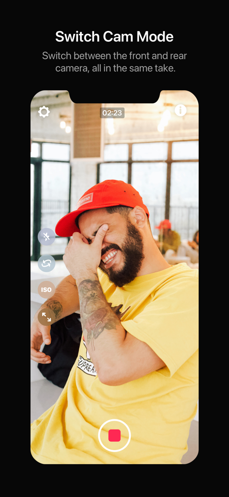 Dual Camera Split Videos: Revo - The Switch Cam Mode interface in the Revo app showing a vlogger recording and flipping between front and rear cameras.