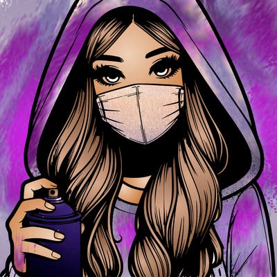 girl wearing a mask with long hair with her hood up spray-painting realistic