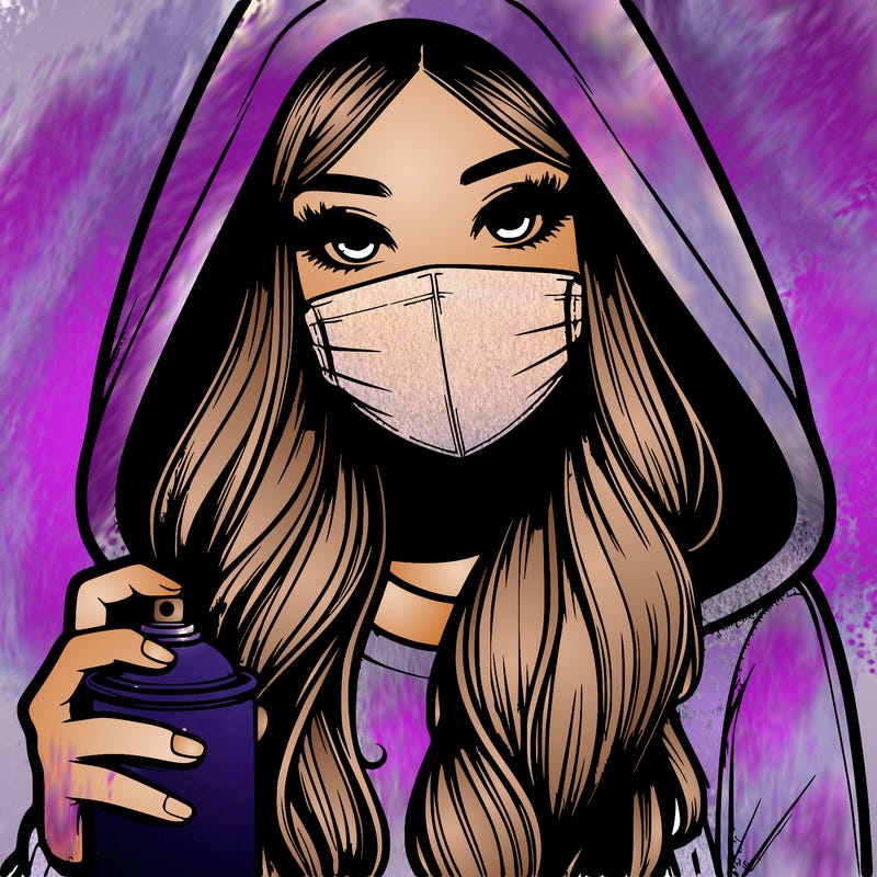 girl wearing a mask with long hair with her hood up spray-painting realistic