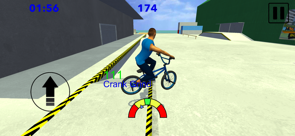 BMX Freestyle Extreme 3D - 3D 도시 스케이트 파크 환경의 줄무늬 커브에서 크랭크 그라인드를 수행하는 BMX 라이더
