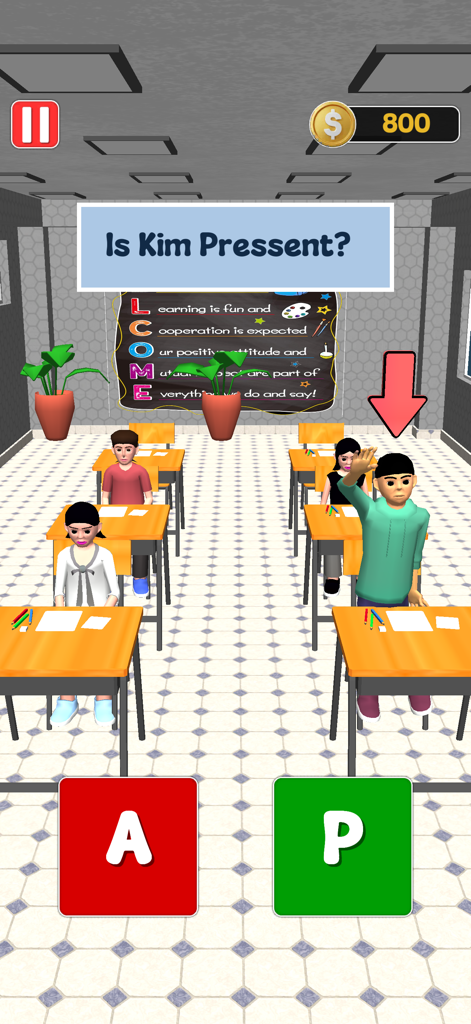 Paper Pass Fail Teacher Game - A classroom simulation game screen where a teacher checks if a student is present or absent