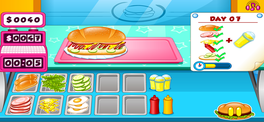 Go Fast Cooking Sandwiches - A sandwich preparation screen in the Go Fast Cooking Sandwiches mobile game showing ingredients and an order checklist.