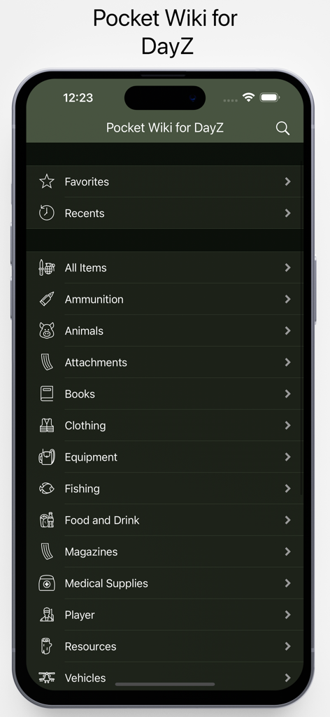 Pocket Wiki for DayZ - Main menu of the Pocket Wiki for DayZ app displaying a list of survival categories including ammunition animals and medical supplies