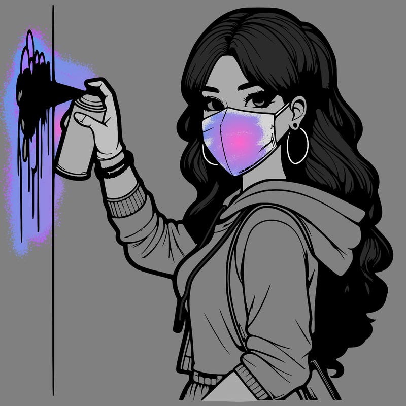 realistic girl with mask spray painting a wall